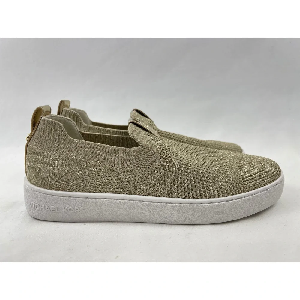 Michael Kors Bodie Womens‎ 7 M Gold Metallic Knit Slip On Sneaker Logo Excellent